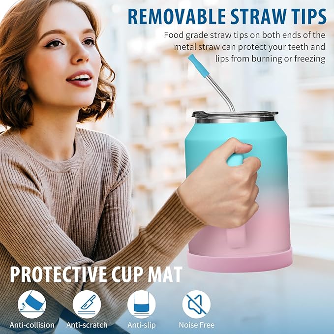 32/50oz Mug Tumbler with Handle and Straw - 32 oz Stainless Steel Wide Mouth Travel Coffee Cups w/ Lid, Reusable Home Office Work Mugs, Double Wall Vacuum Insulated Bottle Keep Cold 36 Hrs Hot 24 Hrs