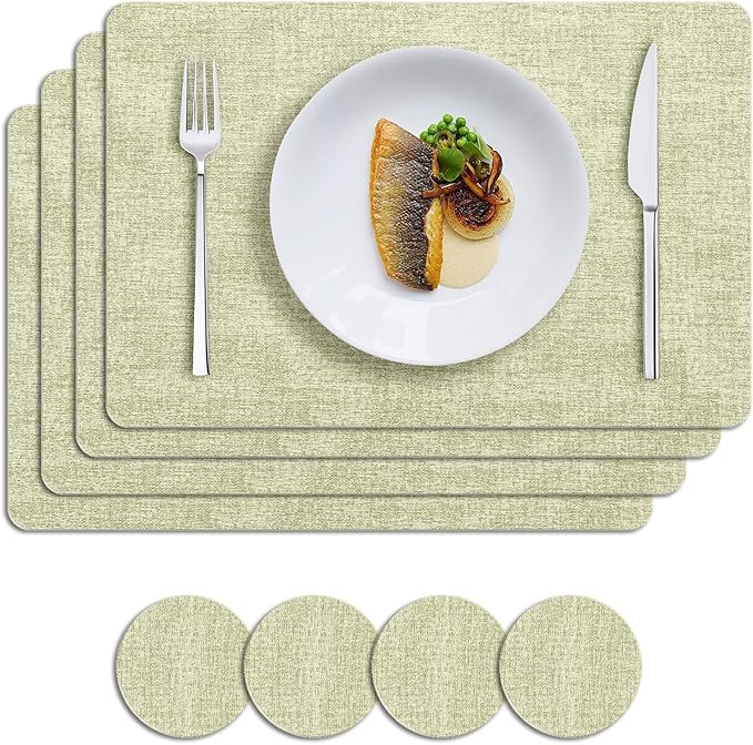 MOSAYT Faux Leather Placemats Set of 8, Heat Resistant Vinyl Place Mats with Coasters, Wipeable Washable Waterproof Oil Proof Table Mats for Kitchen Dining Indoor Outdoor, 12" x 17", Sage Green