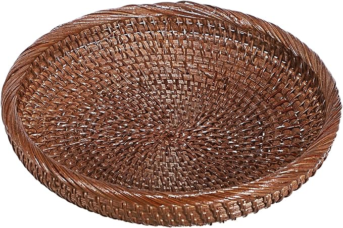 Hipiwe Small Key Basket Bowl for Entryway 7.6" Round Woven Wicker Basket Fruit Serving Tray Woven Basket Wall Decor Rattan Organizer Basket for Keys Wallet Cell Phone, Brown