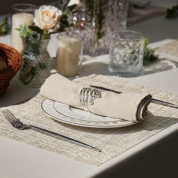 Leetaltree Luxury Beige and Gold Woven Placemats Set of 8 - Waterproof Washable Textured Table Mats for Wedding, Anniversary, Daily Use - Sparkling Metallic Thread Table Decor - Hand-Cut
