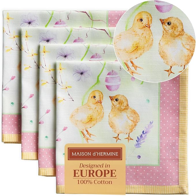 Maison d' Hermine Cloth Napkins Set of 4 100% Cotton Everyday Reusable Square Napkins Cloth Washable Dinner Party Wedding Restaurant Valentines Day Decorations Spring/Summer (Easter Zest, 20" x 20")