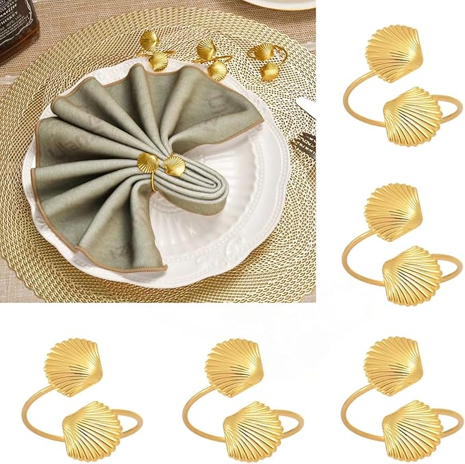 Decorative Napkin Rings Set of 6,Holders Decor Dinner Party,Wedding,Anniversary,Birthday,Table Decor Gift (Golden Shell)