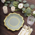 50 Pack 8" Sage Green/Gold Scallop Rim Dessert Plates, Disposable Round Paper Appetizer Salad Plates 300 GSM for Party Decoration