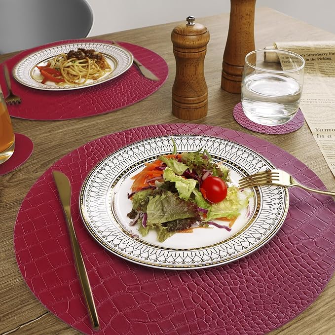 Jovono Round Leather Placemats for Round Tables Set of 4, Red Place Mats and Coasters, Wipeable Waterproof Heat Resistant Table Mats Easy to Care for Indoor Decor 13 inch Diameter