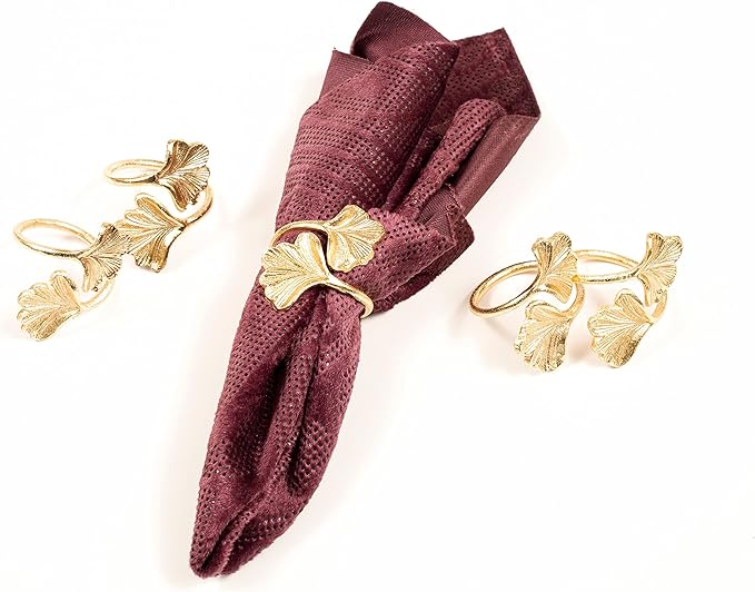 CLEENTABLE Ginkgo Leaf Napkin Rings Set of 10 - Holiday Napkin Rings Decorative Metal Napkin Holders for Wedding Party Holiday Banquet Christmas Dinner Delicate Serviette Buckles Decor (Gold)