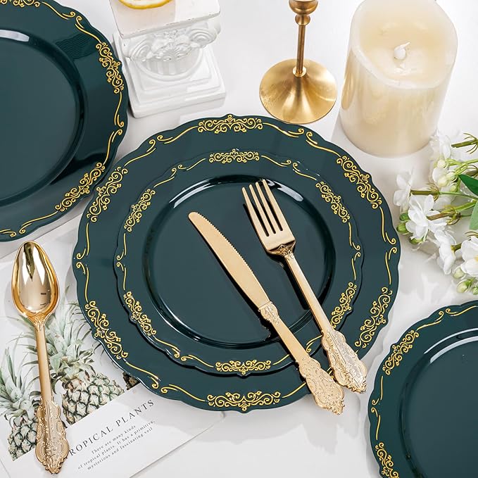 DaYammi 150Pcs Green Plastic Plates with Gold Silverware,Green Disposable Plates for Party include 30 Dinner Plate,30 Dessert Plate,90 Gold Plastic Cutlery,green gold plate for St. Patrick's Day Party