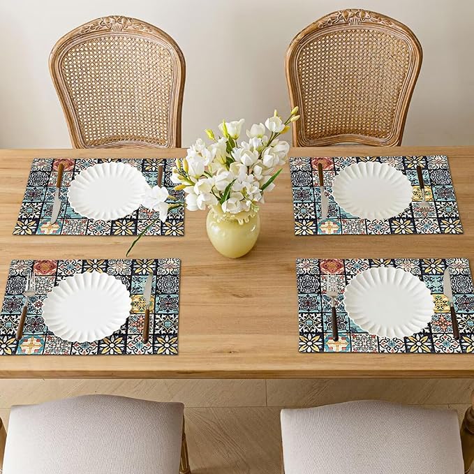 Mandala Bohemian Placemats Set of 6 Two-Sided Washable Table Placemat Boho Mat Fabric Cloth Vintage Flower for Farmhouse Kitchen Outdoor Dining Decor 12x18 Inch (Bohemian A)
