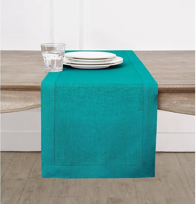 Solino Home Linen Teal Table Runner 72 Inches Long - 100% Pure Linen Hemstitch Table Runner 14 x 72 Inch for Dresser, Dining - Classic Hemstitch