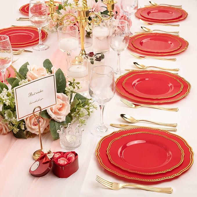 Hioasis 60pcs Red Plastic Plates - Red and Gold Disposable Dinnerware with Gold Rim, Heavy-duty, 7.5 inch, Dessert Plates for Party & Christmas