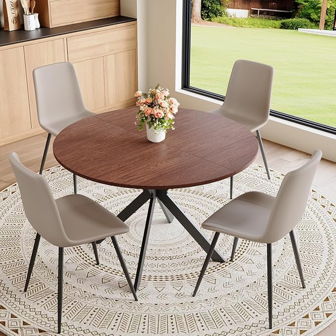 Round Dining Table Set for 4｜42"-54" Extendable Dining Room Table Set｜Wooden Kitchen Table with 4 Chairs｜Mid Century Modern Dinner Table Set with Cross Legs｜Easy Assembly｜Space Saving
