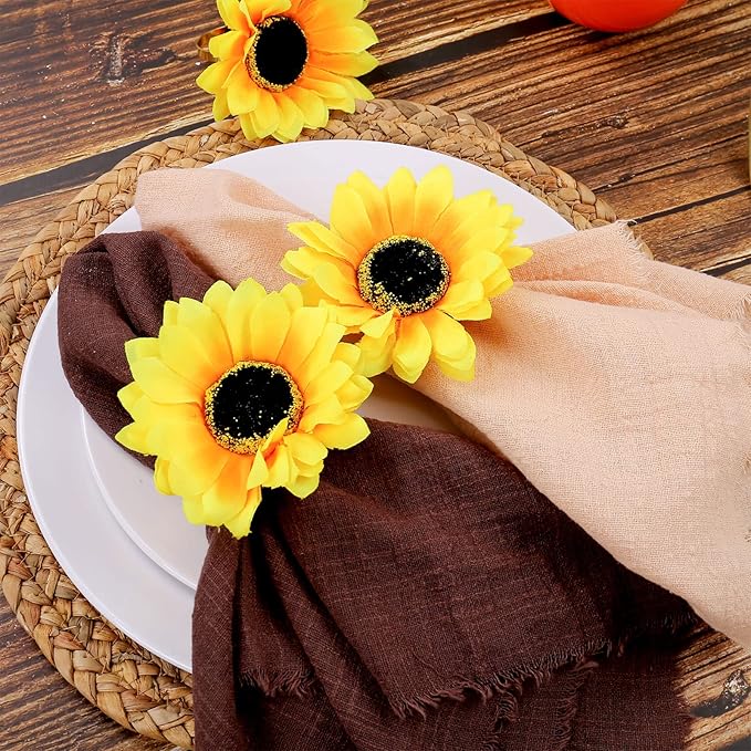 Flower Napkin Rings Set of 6, Handmade Sunflower Napkin Ring Holders, Plant Napkin Holders, Floral Serviette Buckles for Valentine, Weddings, Thanksgiving, Parties Table Settings Decor