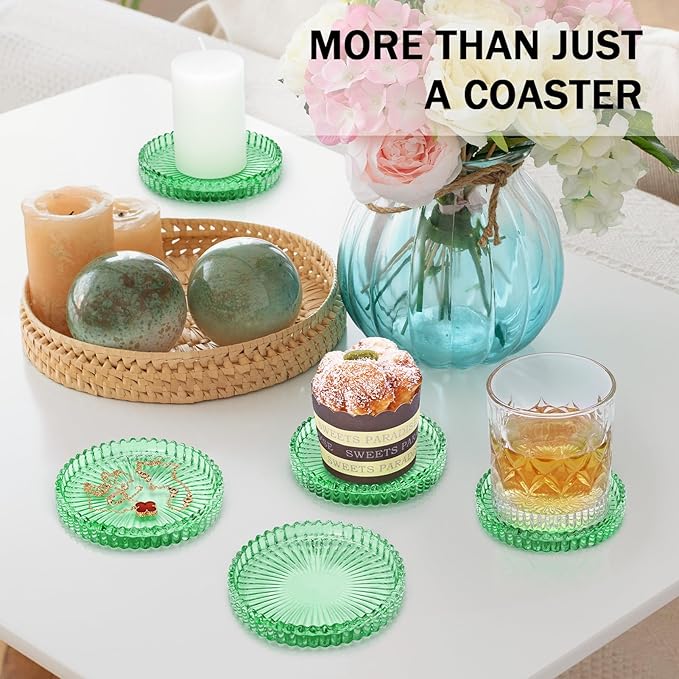 Modern Glass Coasters, GOH DODD Set of 6 Crystal Coasters Tabletop Protection for Drinks, Home Decor, Kitchen, Living Room, Patio, Wedding, Party, Housewarming Gifts, Clear Green
