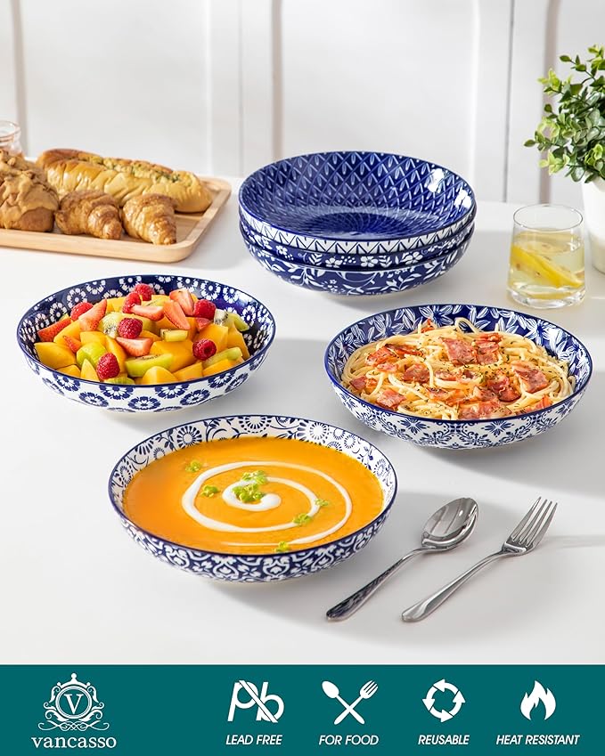 vancasso 50 oz Large Pasta Bowls Set of 6, Porcelain Serving Bowls, 9.5 Inch Wide Shallow Salad & Soup Bowls, Kitchen Pasta Plates, Microwave and Dishwasher Safe, Blue White Floral Design