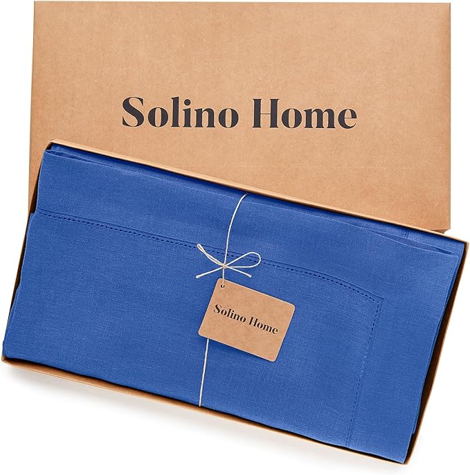 Solino Home Linen Tablecloth for Rectangle Tables 60 x 120 Inch - Classic Hemstitch 100% Pure Linen Royal Blue Table Cloth - Machine Washable Cloth Tablecloth for Spring