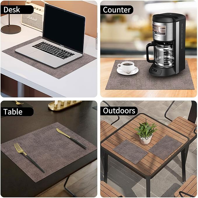 homing Faux Leather Heat Resistant Placemats 4 Packs, Waterproof Wipeable Dining PU Place Mats for Indoor & Outdoor, Easy to Clean, Brown