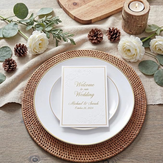 KIRE 200PCS Gold Plastic Plates - Disposable Plates for Party - White Plastic Plates with Gold Rim Include 100 for Dinner and 100 for Dessert/Salad in Wedding/Valentine's Day/New Year
