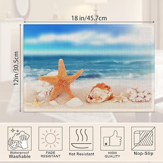 Ocean Starfish Placemats Set of 6,Nautical Seashell Coastal Linen Washable Kitchen Dining Table Mats Heat Resistant Place Mats for Home Party Indoor Holiday 12x18 Inch