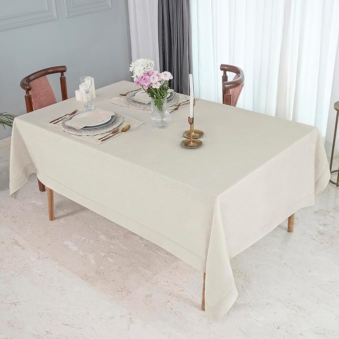D'Moksha Homes Light Natural Linen Tablecloth 60 x 120 Inch - 100% Pure Linen Hemstitch Tablecloth for Rectangle Tables - Classic Hemstitch, Machine Washable Table Cloth for Valentines, Easter