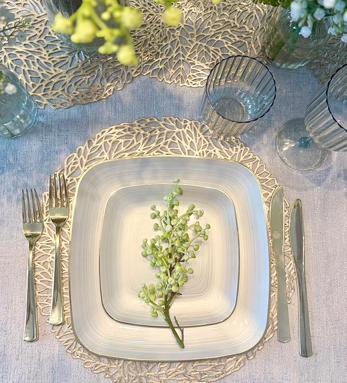" OCCASIONS " 50 Plates Pack (25 Guests)-Wedding Party Disposable Plastic Plate Set -25 x 10'' Dinner + 25 x 7'' Salad & Dessert plates (Belize Square in Ivory & Gold)