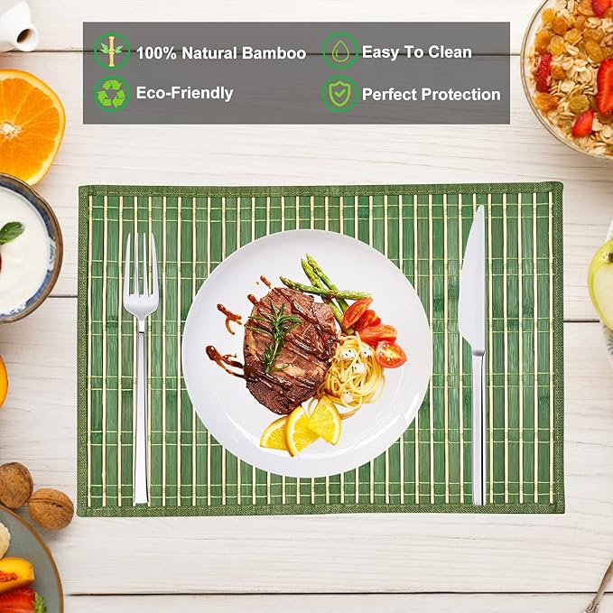 ANDSTAR Bamboo Placemats Set of 8 Non-Slip Waterproof - 12x18 Inch Reusable Table Mats for Kitchen Dining, Eco-Friendly Thick Heat Resistant Dishwasher Safe Home Decor (Green)