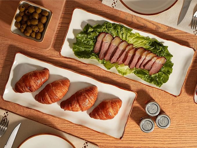 ONEMORE Large Serving Platters, 15 inch Serving Plates Set of 2, Ceramic Platters for Serving Food, Oven Safe Serving Trays and Platters for Entertaining Party, Creamy White