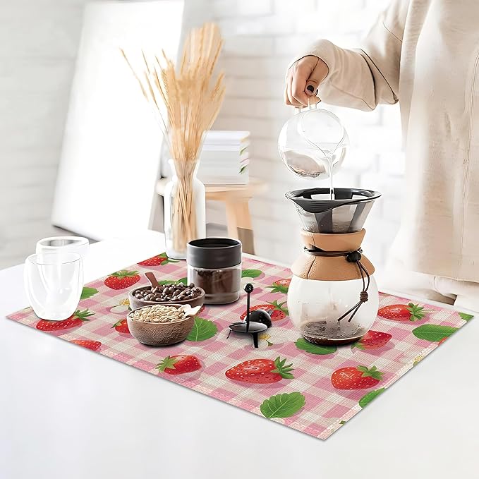 Placemats12x18 Inch,Pink Plaid Placemats,Strawberries Kitchen Dining Coffee Table Mats Set of 6 for Home Indoor Outdoor Party