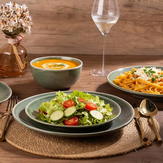 AmorArc Ceramic Dinnerware Sets for 8, 24 Pieces Handpainted Plates and Bowls Set, Scratch Resistant Stoneware Dishes Set, Dishwasher & Microwave Safe, Jade Green