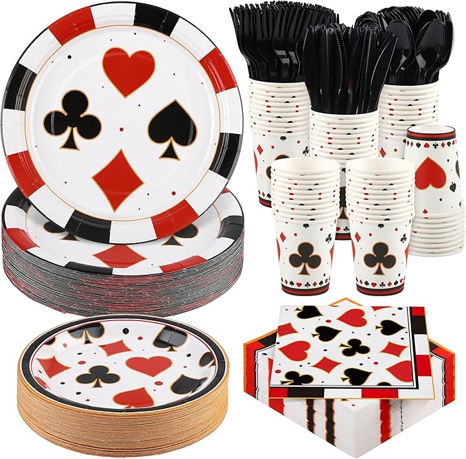 Kochorie 400 Pieces Casino Print Disposable Tableware Sets, Las Vegas Party Supplies Set with Plates Cups Napkins Cutlery Serves 50 for Birthday Poker Club Casino Theme Party Decorations