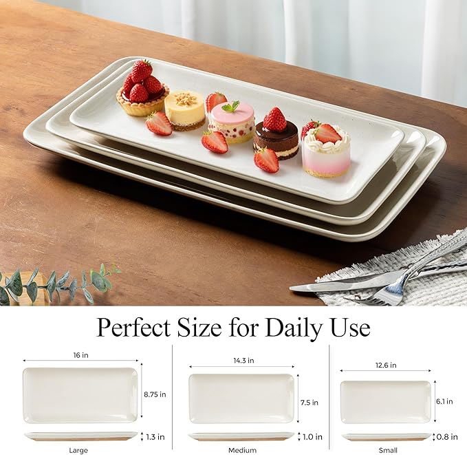 AmorArc Ceramic Serving Platter,Rectangular 16"/14.3"/12.6" inch Serving Dishes for Party Entertaining,Stoneware Serving Trays forTurkey,Salad,Microwave&Dishwasher Safe-Set of 3-Light Beige