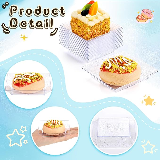 Zhehao 100 Pcs Clear Plastic Dessert Appetizer Plates, 3.6 x 3.6 Inch Disposable Small Square Plastic Dessert Cake Plates for Wedding Cake Appetizer Parties Reception(Silver Clear)