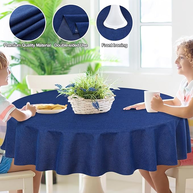 Smiry Round Faux Linen Table Cloth, Waterproof Burlap Fabric Tablecloth, Washable Decorative Farmhouse Table Covers for Kitchen, Dining, Parties, 60x60, Indigo