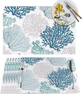 Placemats Set of 4 Nautical Blue Coral Place Mats Coastal Teal Beige Coral Woven Table Mats Washable Ocean Theme PVC Placemat for Dining Kitchen Decor Indoor Outdoor, 12 x 18 Inch