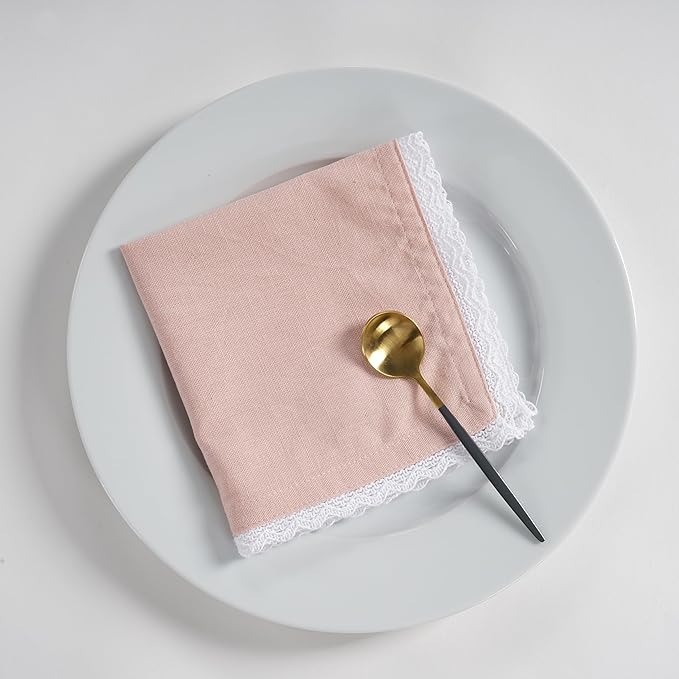 Fingercraft Dinner Cloth Napkin Cotton Linen Blend 12 Pack Mitered Corners with Elegant Lace for Everyday Use Napkins are Pre Shrunk and Good Absorbency (Pink, 12in x 12in)