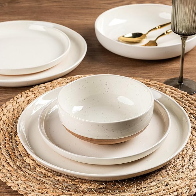 AmorArc Ceramic Dinnerware Sets, Handpainted Plates and Bowls Set with Rustic Terracotta Underside, Scratch Resistant Stoneware Dishes Set, Dishwasher & Microwave Safe