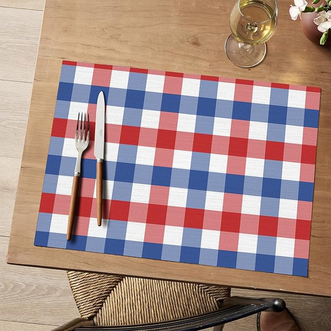 Artoid Mode Buffalo Plaid Vinyl Placemats Set of 4, 12x18 Inch Washable Non-Slip Heat Resistant Plastic Place Mats for Party Dining Table, Blue/Red