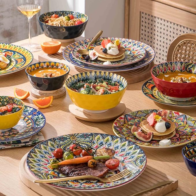 Henten Home Small Dessert Bowls Set of 6, Ceramic 12 oz Rice Bowls Set, Porcelain Colorful Serving Bowls for Snack, Ice Cream, Salad, Bohemia Style, Microwave & Dishwasher Safe
