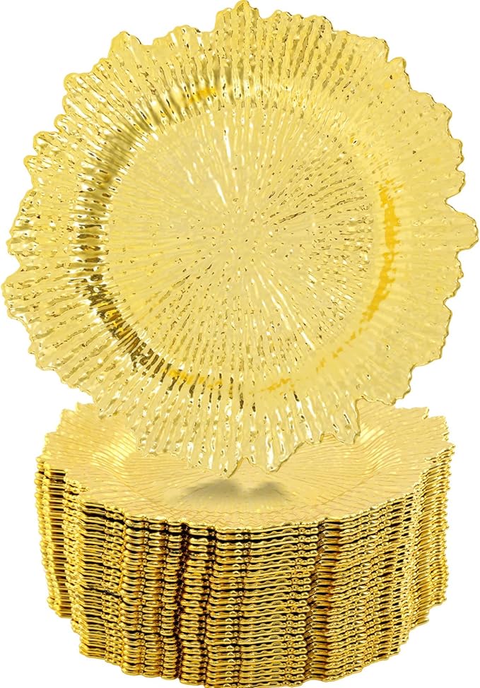 LOYALHEARTDY 24 Pack 13 Inch Gold Charger Plates, Plastic Reef Textured Rim Round Decorative Underplates for Wedding, Party, Dinner Table