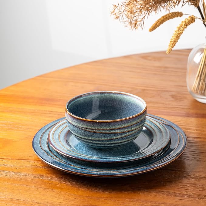 GBHOME Ceramic Dinnerware Sets,12 pcs Embossed Elegant Stoneware Plates and Bowls Sets, Housewarming Wedding Gift | Dishwasher & Microwave Safe | Dishes Set Service for 4,Ceylon Blue