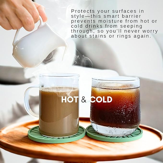 Silicone Coasters Set of 6 with Holder - Unique and Modern Pattern for Prevent Sticking from Cups Coffee Table, Home, Office, bar Decor, Sage Green