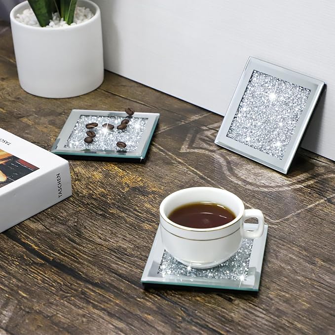Glass Mirrored Coasters Set of 4, Square Coasters with Crushed Diamond, Mirrored Silver Glass Cup Mats for Drinks, Home Decoration, Kitchen Cafe Bar Restaurant Tabletop Protection