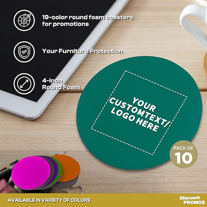 10 Round Foam Bud Coasters Pack, 4 inch - Customizable Text, Logo - PU Foam, Party Favor - Turquoise
