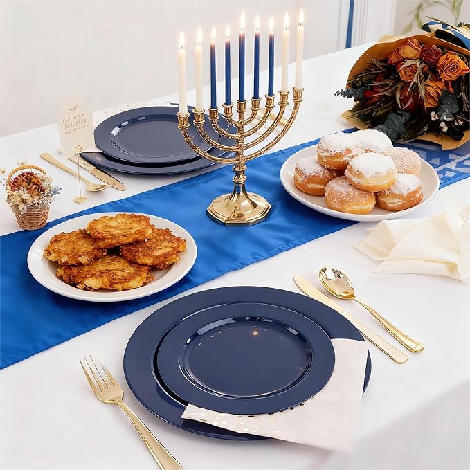 FLOWERCAT 100PCS Blue Plastic Plates - Heavy Duty Blue Disposable Plates for Possover Party/Wedding/Hanukkah - Include 50PCS 10.25inch Dinner and 50PCS 7.5inch Dessert/Salad Plates for 50 Guests