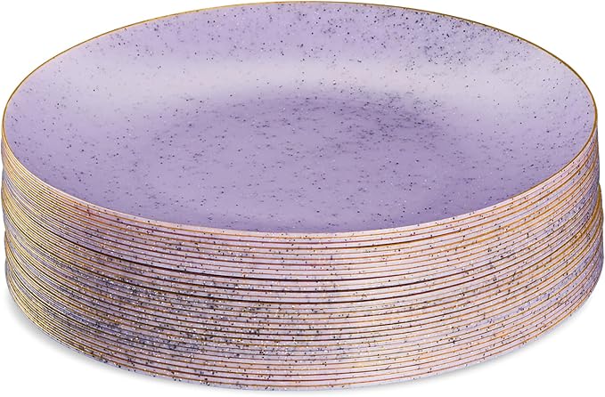 PLASTICPRO 30 Pack Disposable Plastic Plates Heavyweight Granite Look Elegant 9 inch Dinner Plates Purple with Gold Rim