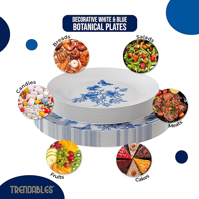 Trendables Disposable Plates For Party Supplies | Blue Floral Plastic Plates For Wedding 40 Pcs - 20 X 8 & 20 X 10 Dinner Plate Sets | Floral Plate Set Disposable Plastic Dinnerware Sets