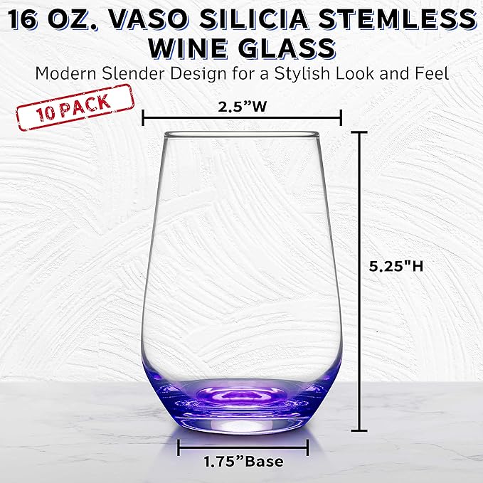 DISCOUNT PROMOS 10 Vaso Silicia Stemless Wine Glasses Set, 16 oz. - Clear, Orb-Like, Thick base - Purple