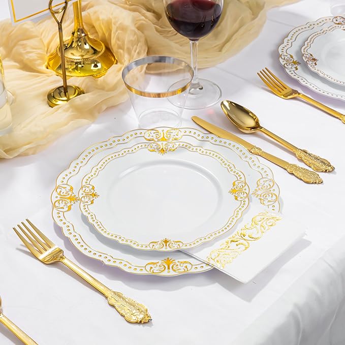 Ciaell 175 PCS White and Gold Plastic Plates - Fancy Gold Disposable Dinnerware Set with of 50 Plastic Plates, 25 Knives, 25 Forks, 25 Spoons, 25 Cups, 25 Napkins for Wedding, Party