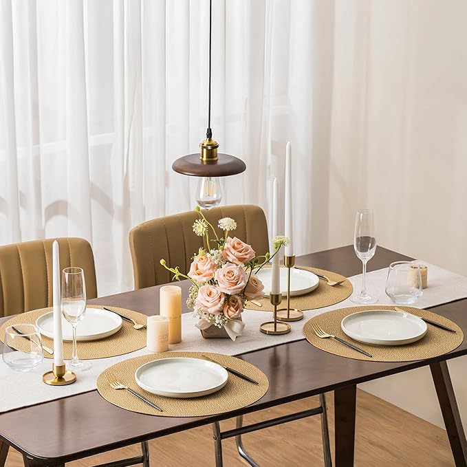 Jovono 15" Faux Leather Big Round Placemats Set of 4 - Washable Heat Resistant Non-Slip Dining Table Mats with Fabric Texture for Kitchen Home Party Decor, Yellow