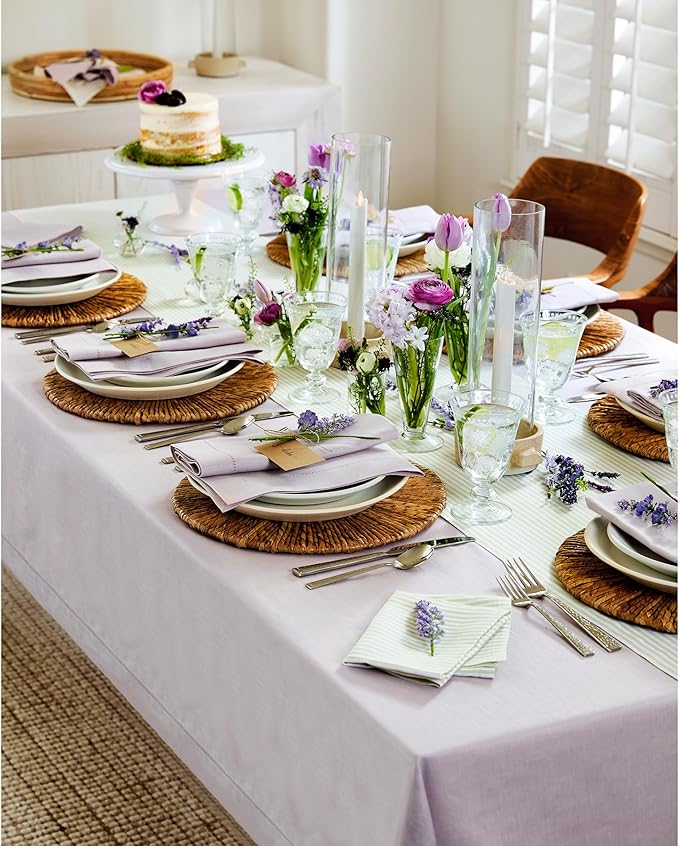 Solino Home Lilac Linen Tablecloth 60 x 144 Inch - 100% Pure Linen Hemstitch Table Cloth for Rectangle Tables - Classic Hemstitch, Machine Washable Tablecloth for Valentines, Spring, Easter