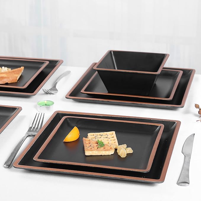 Melamine Dinnerware Sets Service for 4, Square Dinner Plates and Bowls Set,12-Piece Set Non-breakable Lightweight Dinner Tableware for Indoor/Outdoor Use