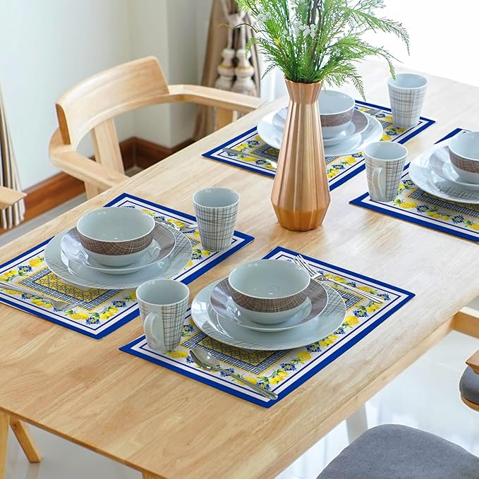 Lemon Summer Table Placemats for Dining 12 x 18 Inch Set of 4，Blue Yellow Boho Heat-Resistant Washable Table Non-Slip Rectangle Place Mat for Seasonal Party Kitchen Dining Table Decor